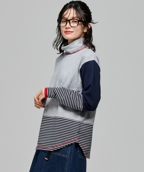 KRIFF MAYER Lady's Collection(クリフメイヤーレディースコレクション)の「【レイヤード】ボーダー 切替 ハイネック ロンT(長袖Tシャツ・Wフェイス・マルチボーダー・配色・アメカジ)(Tシャツ/カットソー・レディース・オフホワイト/カラフル/ネイビー/グレー/レンガ・MEDIUM/LARGE)」の8枚目の写真
