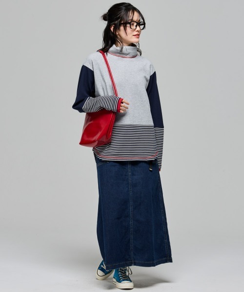 KRIFF MAYER Lady's Collection(クリフメイヤーレディースコレクション)の「【レイヤード】ボーダー 切替 ハイネック ロンT(長袖Tシャツ・Wフェイス・マルチボーダー・配色・アメカジ)(Tシャツ/カットソー・レディース・オフホワイト/カラフル/ネイビー/グレー/レンガ・MEDIUM/LARGE)」の9枚目の写真