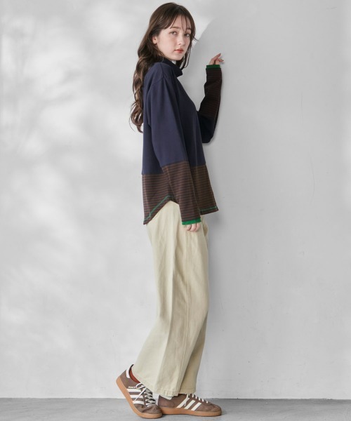 KRIFF MAYER Lady's Collection(クリフメイヤーレディースコレクション)の「【レイヤード】ボーダー 切替 ハイネック ロンT(長袖Tシャツ・Wフェイス・マルチボーダー・配色・アメカジ)(Tシャツ/カットソー・レディース・オフホワイト/カラフル/ネイビー/グレー/レンガ・MEDIUM/LARGE)」の18枚目の写真