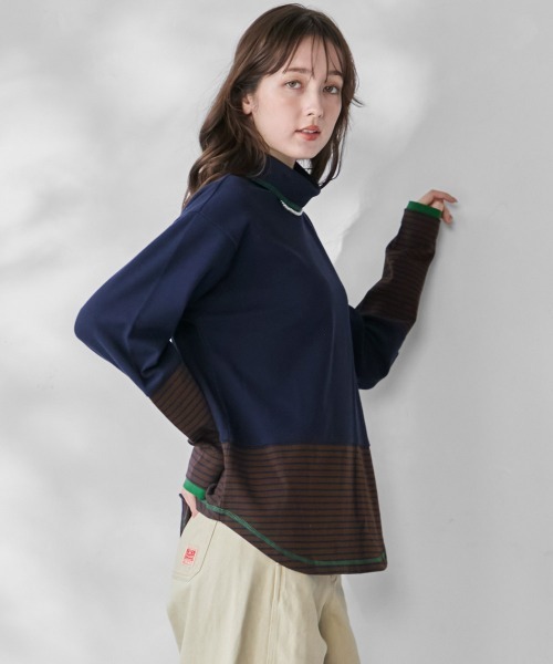 KRIFF MAYER Lady's Collection(クリフメイヤーレディースコレクション)の「【レイヤード】ボーダー 切替 ハイネック ロンT(長袖Tシャツ・Wフェイス・マルチボーダー・配色・アメカジ)(Tシャツ/カットソー・レディース・オフホワイト/カラフル/ネイビー/グレー/レンガ・MEDIUM/LARGE)」の15枚目の写真