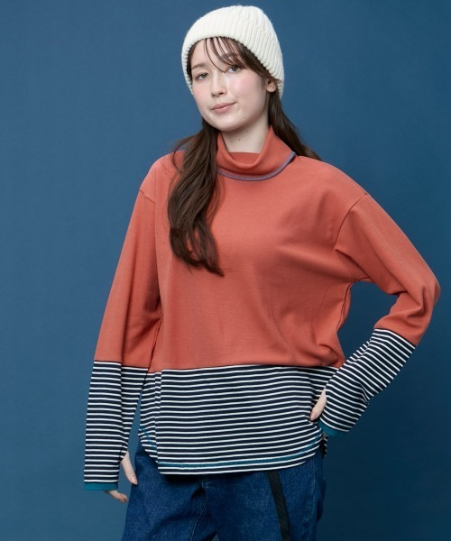 KRIFF MAYER Lady's Collection(クリフメイヤーレディースコレクション)の「【レイヤード】ボーダー 切替 ハイネック ロンT(長袖Tシャツ・Wフェイス・マルチボーダー・配色・アメカジ)(Tシャツ/カットソー・レディース・オフホワイト/カラフル/ネイビー/グレー/レンガ・MEDIUM/LARGE)」の19枚目の写真