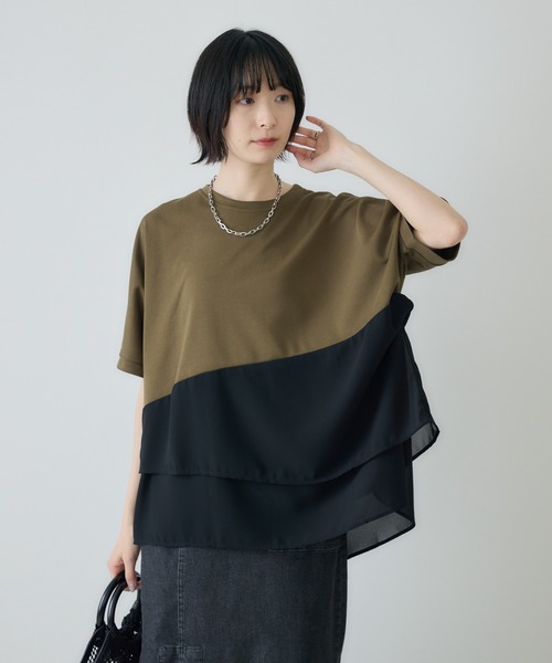 Paradise Picnic(パラダイスピクニック)の「シフォン変形レイヤード切替プルオーバー(Tシャツ/カットソー・レディース・ブルー/ブラック/カーキ・FREE)」の1枚目の写真