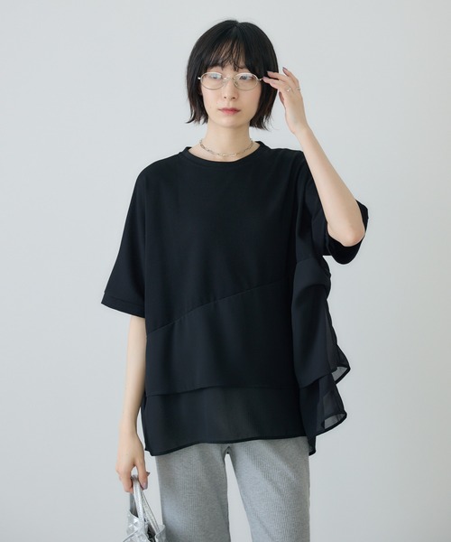 Paradise Picnic(パラダイスピクニック)の「シフォン変形レイヤード切替プルオーバー(Tシャツ/カットソー・レディース・ブルー/ブラック/カーキ・FREE)」の4枚目の写真