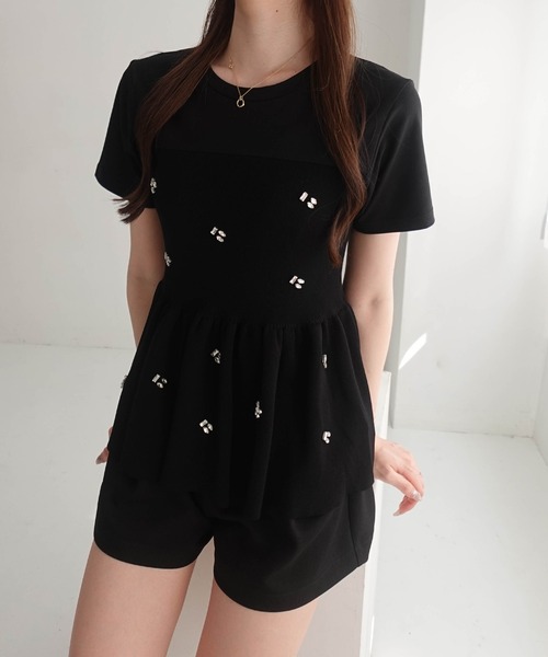 SOELA(ソエラ)の「ビジュー付ペプラムドッキングニット(Tシャツ/カットソー・レディース・ホワイト×ブラック/ブラック×ブラック・FREE)」の6枚目の写真