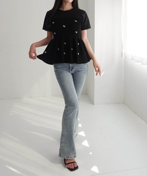 SOELA(ソエラ)の「ビジュー付ペプラムドッキングニット(Tシャツ/カットソー・レディース・ホワイト×ブラック/ブラック×ブラック・FREE)」の13枚目の写真