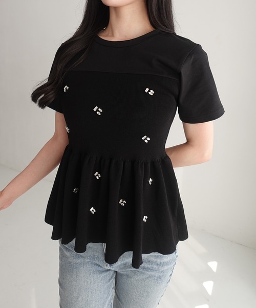 SOELA(ソエラ)の「ビジュー付ペプラムドッキングニット(Tシャツ/カットソー・レディース・ホワイト×ブラック/ブラック×ブラック・FREE)」の10枚目の写真