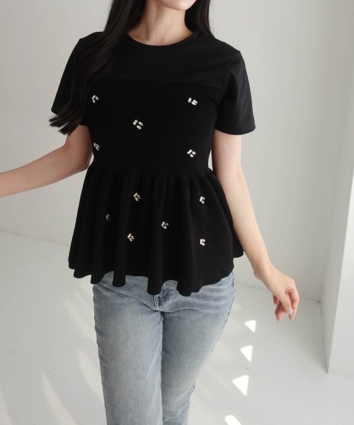 SOELA(ソエラ)の「ビジュー付ペプラムドッキングニット(Tシャツ/カットソー・レディース・ホワイト×ブラック/ブラック×ブラック・FREE)」の11枚目の写真