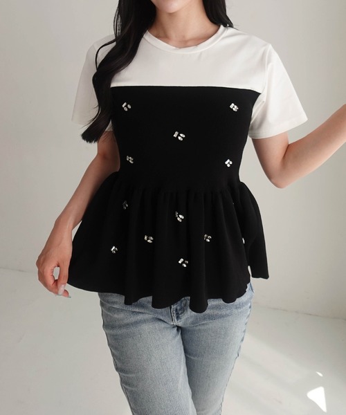 SOELA(ソエラ)の「ビジュー付ペプラムドッキングニット(Tシャツ/カットソー・レディース・ホワイト×ブラック/ブラック×ブラック・FREE)」の16枚目の写真