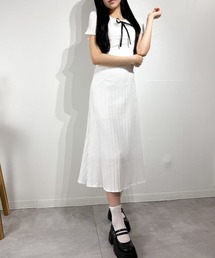 半袖フレアワンピース リボンデザイン スリムフィット ガーリー