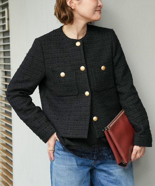 Deuxieme Classe(ドゥーズィエムクラス)の「*Tweed ブレザー(ノーカラージャケット・レディース・ブラック・36/38)」の1枚目の写真
