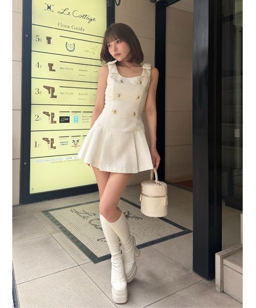 Darich（ダーリッチ）の「ショルダーリボンツイードプリーツミニワンピース（ワンピース・レディース・ベージュ/ブラック/ホワイト/ブラウン・FREE）」の13枚目の写真