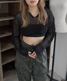 【jiasecond.】クロップドメッシュトップス / トップス フーディー レイヤード メッシュ クロップド ルーズ ブラック カーキ グレー ZOZOTOWN限定