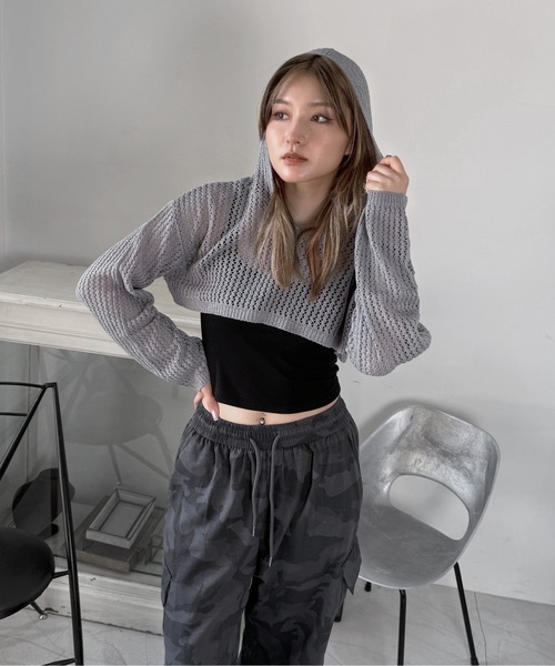 jiasecond.(ジアセカンド)の「【jiasecond.】クロップドメッシュトップス / トップス フーディー レイヤード メッシュ クロップド ルーズ ブラック カーキ グレー ZOZOTOWN限定(その他トップス・レディース・ブラック/グレー/カーキ・FREE)」の15枚目の写真