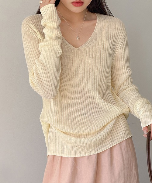 Girly Doll(ガーリードール)の「Vネックベルト付き長袖リブニット(ニット/セーター・レディース・グレー/オフホワイト/ピンク/ライトグリーン・FREE)」の14枚目の写真