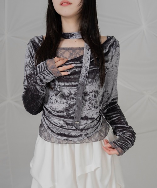 mellowneon(メロウネオン)の「チョーカーセットベロアレーストップス(Tシャツ/カットソー・レディース・アイボリー/グレー/ブラウン/ダークブラウン・FREE)」の14枚目の写真