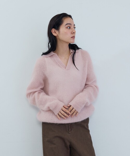 ADIEU TRISTESSE（アデュートリステス）の「《石上美津江さんコラボ》キッドモヘア片畦ポロニット（ニット/セーター・レディース・ブラウン/ピンク/ブラック・FREE）」の9枚目の写真