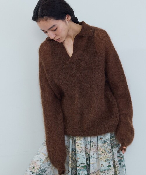ADIEU TRISTESSE（アデュートリステス）の「《石上美津江さんコラボ》キッドモヘア片畦ポロニット（ニット/セーター・レディース・ブラウン/ピンク/ブラック・FREE）」の19枚目の写真