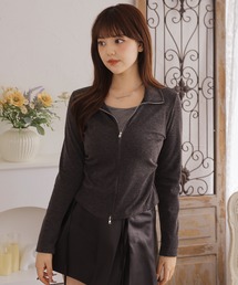 襟付き ダブルジップ フィット フェイクレイヤード トップス