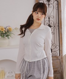 襟付き ダブルジップ フィット フェイクレイヤード トップス