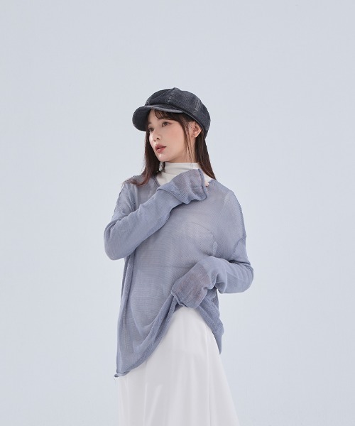 QUEEN SHOP（クイーンショップ）の「透かし編みワイドニットトップス（ニット/セーター・レディース・ダークブルー/ブラック/ライトグレー/レッド/ベージュ・FREE）」の4枚目の写真