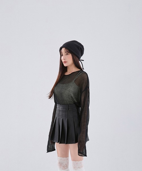 QUEEN SHOP（クイーンショップ）の「透かし編みワイドニットトップス（ニット/セーター・レディース・ダークブルー/ブラック/ライトグレー/レッド/ベージュ・FREE）」の14枚目の写真