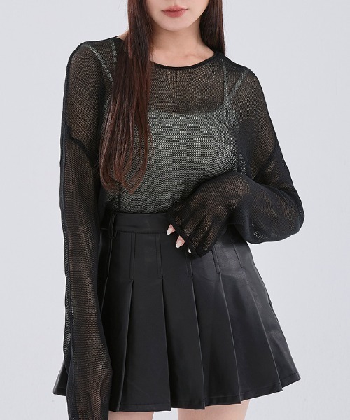 QUEEN SHOP（クイーンショップ）の「透かし編みワイドニットトップス（ニット/セーター・レディース・ダークブルー/ブラック/ライトグレー/レッド/ベージュ・FREE）」の13枚目の写真