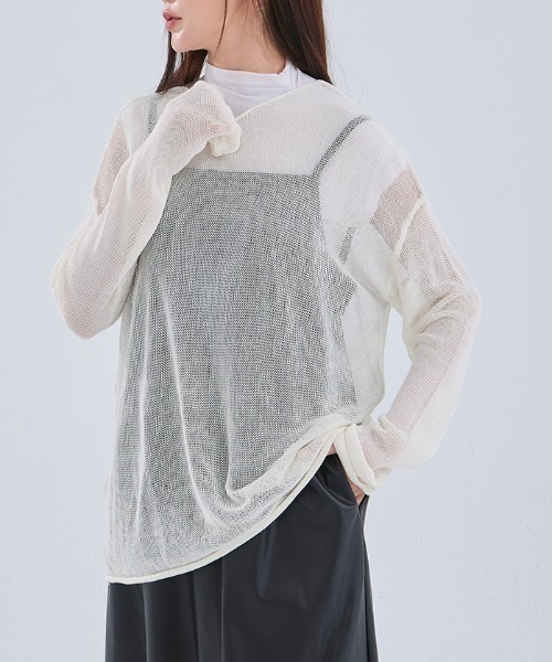 QUEEN SHOP（クイーンショップ）の「透かし編みワイドニットトップス（ニット/セーター・レディース・ダークブルー/ブラック/ライトグレー/レッド/ベージュ・FREE）」の19枚目の写真