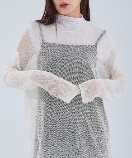 QUEEN SHOP（クイーンショップ）の「透かし編みワイドニットトップス（ニット/セーター・レディース・ダークブルー/ブラック/ライトグレー/レッド/ベージュ・FREE）」の22枚目の写真
