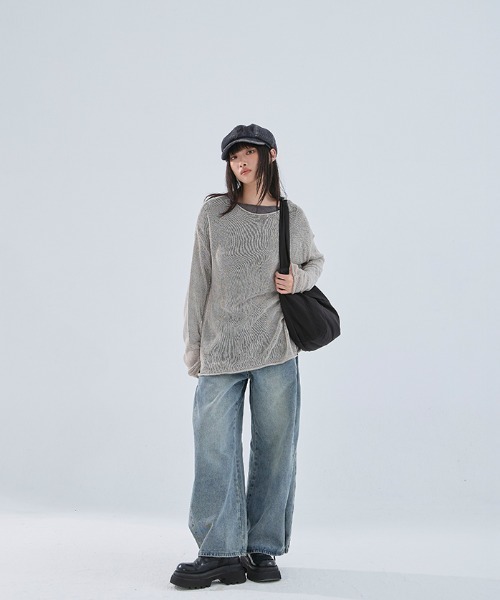 QUEEN SHOP（クイーンショップ）の「透かし編みワイドニットトップス（ニット/セーター・レディース・ダークブルー/ブラック/ライトグレー/レッド/ベージュ・FREE）」の8枚目の写真