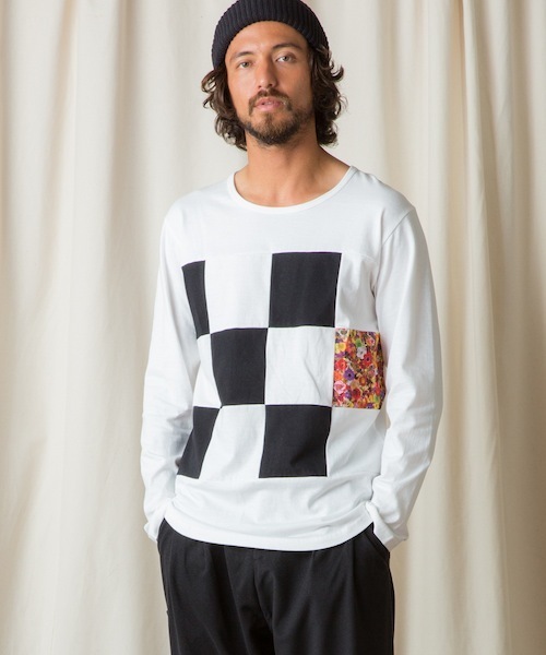 rehacer STAND(レアセルスタンド)の「Flower Checker Cutsew Made in Japan(Tシャツ/カットソー・メンズ・ブラック/ホワイト・LARGE/SMALL/MEDIUM)」の3枚目の写真