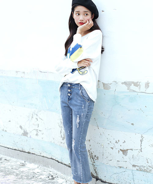 classicalelf（クラシカルエルフ）の「ダメージハイウエストデニム（デニムパンツ・レディース・ライトブルー・28/29/25/26/27/30/31）」の2枚目の写真