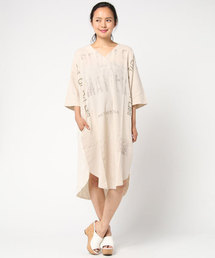 CUBE SUGAR | 綿麻天竺×布帛Vネックワンピース(ワンピース)