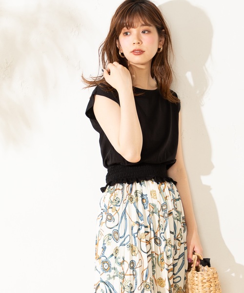 natural couture（ナチュラルクチュール）の「裾シャーリングショートシルケットTシャツ（Tシャツ/カットソー・レディース・ブラック/ベージュ/パープル/キャメル・FREE）」の7枚目の写真