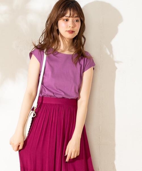 natural couture（ナチュラルクチュール）の「裾シャーリングショートシルケットTシャツ（Tシャツ/カットソー・レディース・ブラック/ベージュ/パープル/キャメル・FREE）」の18枚目の写真