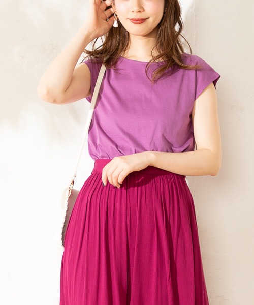 natural couture（ナチュラルクチュール）の「裾シャーリングショートシルケットTシャツ（Tシャツ/カットソー・レディース・ブラック/ベージュ/パープル/キャメル・FREE）」の19枚目の写真