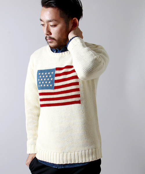 WEGO(ウィゴー)の「WEGO/フラッグジャガードニット(ニット/セーター・メンズ・ホワイト/ブラック/ネイビー/ワイン/マスタード・MEDIUM/LARGE)」の2枚目の写真