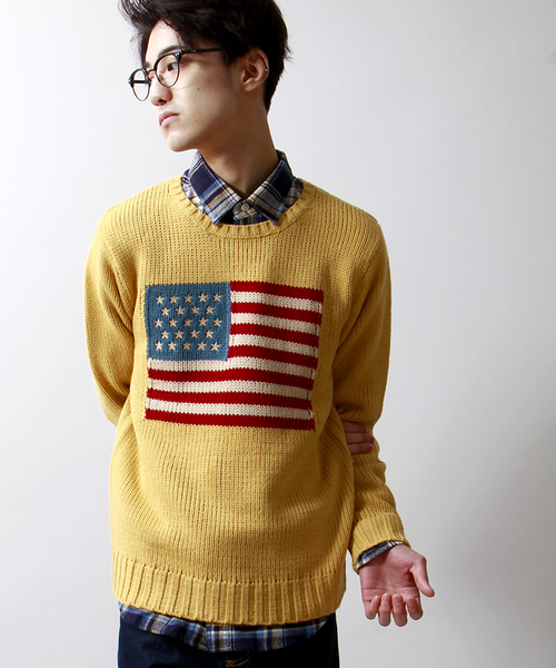 WEGO(ウィゴー)の「WEGO/フラッグジャガードニット(ニット/セーター・メンズ・ホワイト/ブラック/ネイビー/ワイン/マスタード・MEDIUM/LARGE)」の1枚目の写真