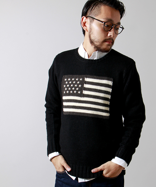 WEGO(ウィゴー)の「WEGO/フラッグジャガードニット(ニット/セーター・メンズ・ホワイト/ブラック/ネイビー/ワイン/マスタード・MEDIUM/LARGE)」の3枚目の写真