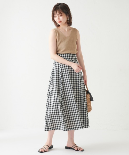 natural couture(ナチュラルクチュール)の「ハイウエスト綿麻フレアスカート(スカート・レディース・ライトベージュ/パープル/オレンジ/チェック・FREE)」の7枚目の写真