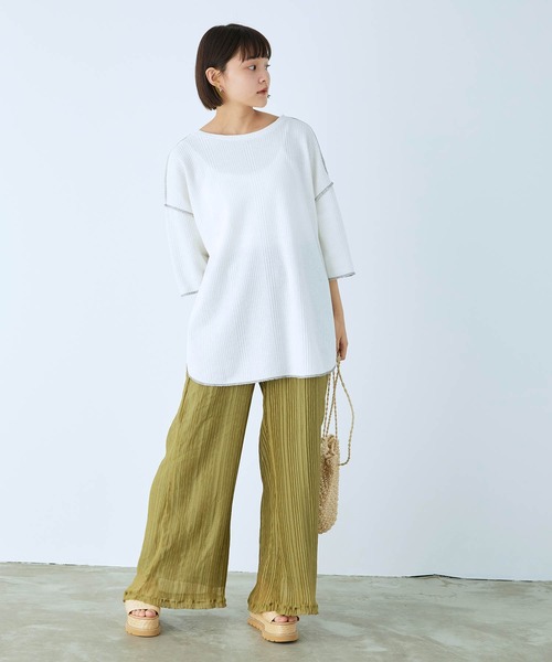 mikke（ミッケ）の「2WAYオーバサイズ 配色ステッチ ワッフルカットソー（Tシャツ/カットソー・レディース・ブラック/オフホワイト/イエロー/ブルー・FREE）」の9枚目の写真