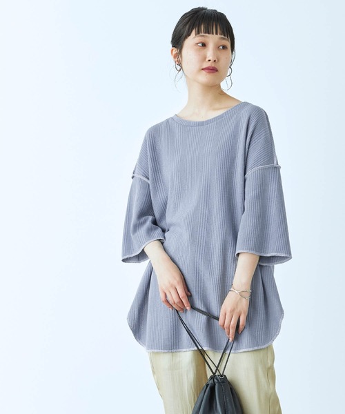 mikke（ミッケ）の「2WAYオーバサイズ 配色ステッチ ワッフルカットソー（Tシャツ/カットソー・レディース・ブラック/オフホワイト/イエロー/ブルー・FREE）」の20枚目の写真