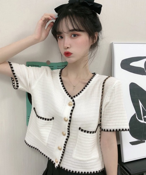 DAY CLOSET（デイ クローゼット）の「レディース きれいめツイード風5分丈カーディガン（カーディガン/ボレロ・レディース・ホワイト/ブラック・ONE SIZE）」の6枚目の写真