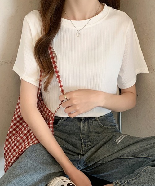 Bifrost(ビフレスト)の「リブTシャツ 半袖カットソー(Tシャツ/カットソー・レディース・カーキ/ホワイト/ピンク/ブラック/ブラウン/ブルー・XL/L/M)」の1枚目の写真