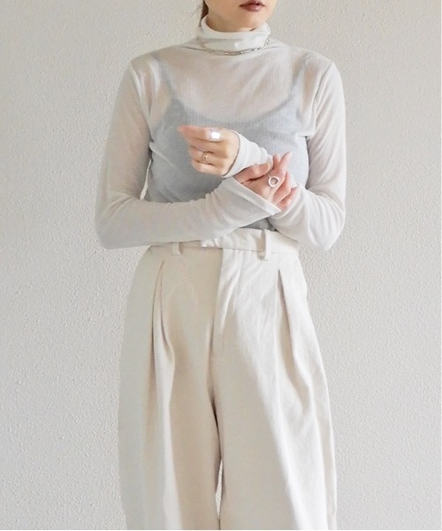 y/m by Yukie（イムバイユキエ）の「シアーリブカットトップス（Tシャツ/カットソー・レディース・ベージュ/カーキ/チャコールグレー・FREE）」の18枚目の写真