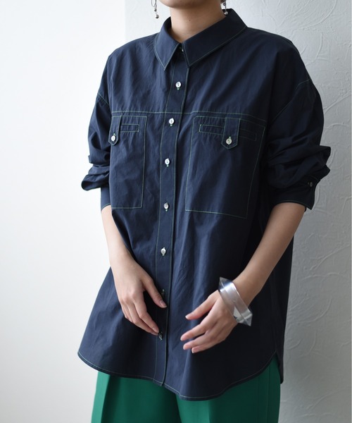Eimee Law(エイミーロウ)の「ビッグポケット ペーパーローンSH(シャツ/ブラウス・レディース・ネイビー/オフホワイト/ライトピンク/ブルー・38)」の1枚目の写真