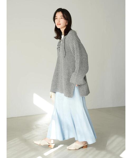 earth music&ecology（アースミュージックアンドエコロジー）の「デニムヘムフレアスカート*（デニムスカート・レディース・インディゴブルー/ライトインディゴブルー・FREE）」の16枚目の写真