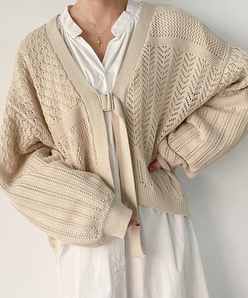 JUNOAH（ジュノア）の「ベルト付きパッチワークカーディガン（カーディガン/ボレロ・レディース・ホワイト/ブラック/ベージュ/グリーン系その他・FREE）」の4枚目の写真