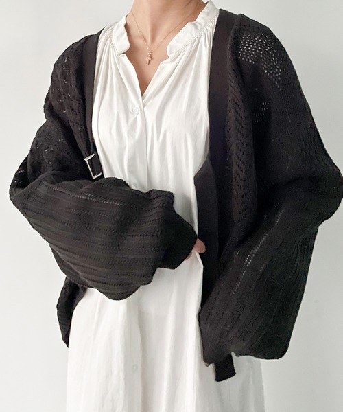 JUNOAH（ジュノア）の「ベルト付きパッチワークカーディガン（カーディガン/ボレロ・レディース・ホワイト/ブラック/ベージュ/グリーン系その他・FREE）」の3枚目の写真