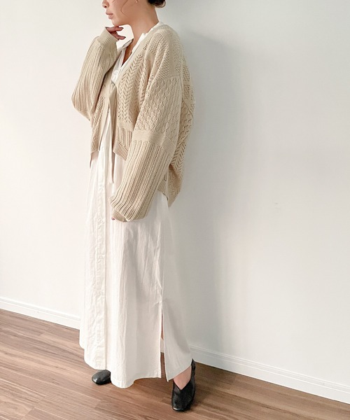 JUNOAH（ジュノア）の「ベルト付きパッチワークカーディガン（カーディガン/ボレロ・レディース・ホワイト/ブラック/ベージュ/グリーン系その他・FREE）」の5枚目の写真