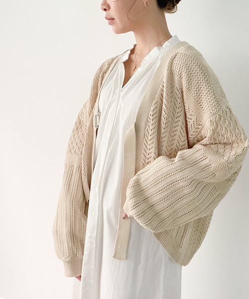 JUNOAH（ジュノア）の「ベルト付きパッチワークカーディガン（カーディガン/ボレロ・レディース・ホワイト/ブラック/ベージュ/グリーン系その他・FREE）」の7枚目の写真